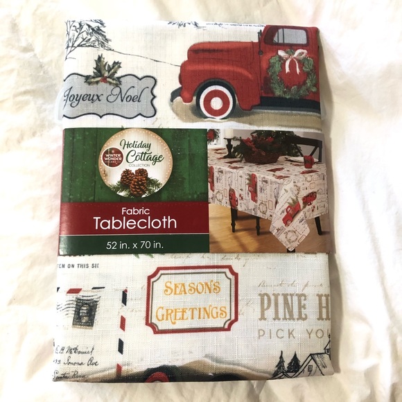 Red Retro Farm Truck Country Christmas Tree Fabric Tablecloth 52 X 70 - Picture 2 of 3